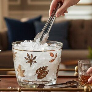 Chic Vintage Libbey Frosted Ice Bucket with Golden Foilage for Retro Bar Decor